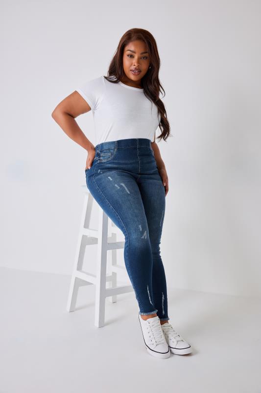 Plus Size Jeggings YOURS FOR GOOD Curve Indigo Blue Distressed Cat Scratch Stretch JENNY Jeggings