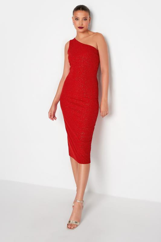 LTS Tall Women's Red Glitter One Shoulder Midi Dress | Long Tall Sally 2