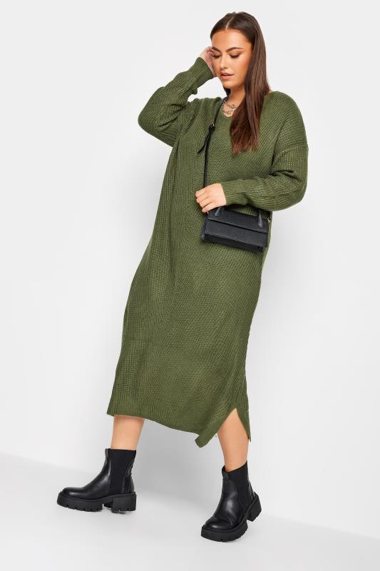 YOURS Plus Size Khaki Green Midaxi Knitted Jumper Dress | Yours Clothing 3