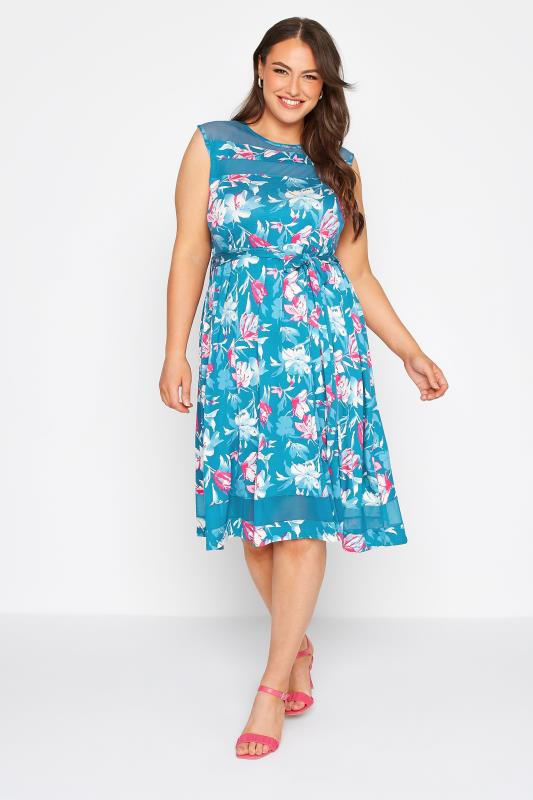 Plus Size Blue Floral Print Mesh Panel Skater Dress | Yours Clothing  1