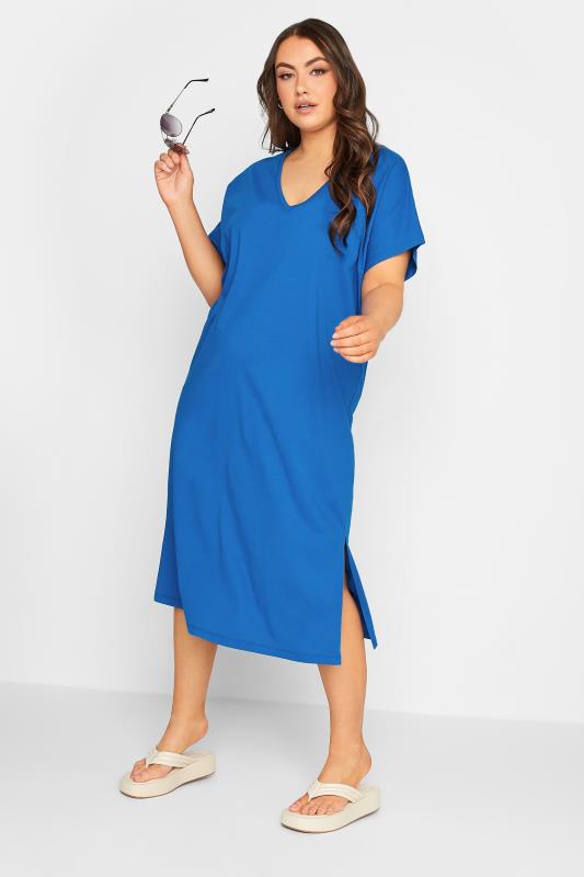 YOURS Plus Size Cobalt Blue Side Split Midaxi T-Shirt Dress | Yours Clothing 2