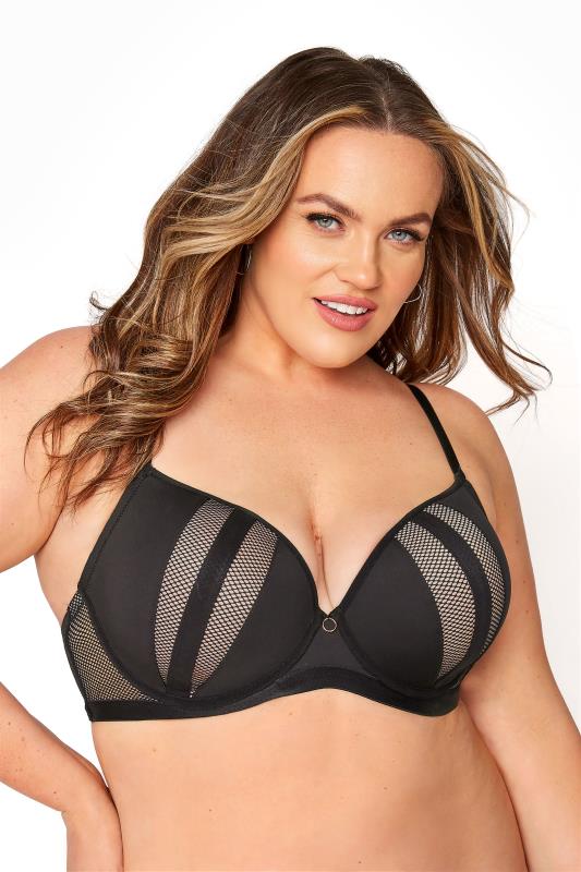  Tallas Grandes Black Mesh Panelled Plunge Bra - Available In Sizes 38DD - 48G