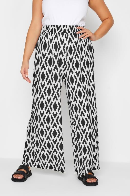 YOURS Curve Plus Size White Geometric Print Wide Leg Trousers | Yours Clothing 1