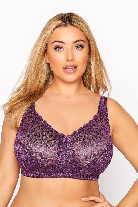 Plus Size  Purple Hi Shine Lace Wireless Bra - Available In Sizes 38D - 48G