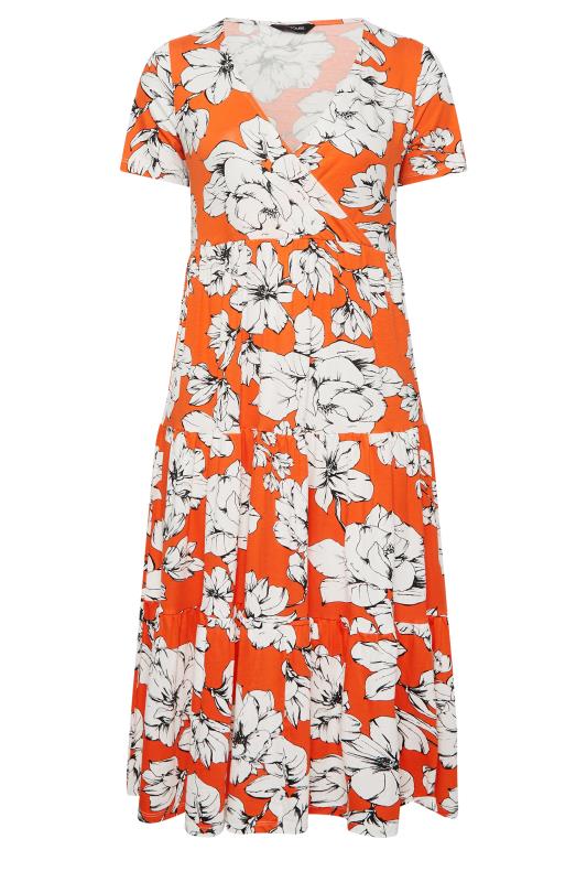 YOURS Plus Size Orange Floral V-Neck Tiered Wrap Dress | Yours Clothing 6