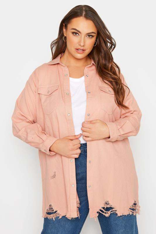 Plus Size  YOURS Curve Pink Distressed Denim Shirt