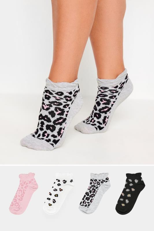 4 PACK Pink Leopard Print Trainer Liner Socks | Yours Clothing 1
