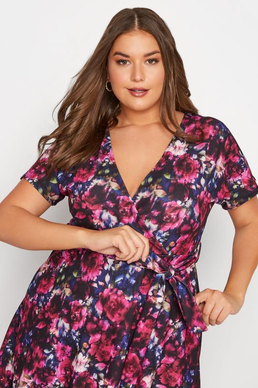 YOURS LONDON Plus Size Pink & Blue Floral Wrap Skater Dress | Your Clothing 4