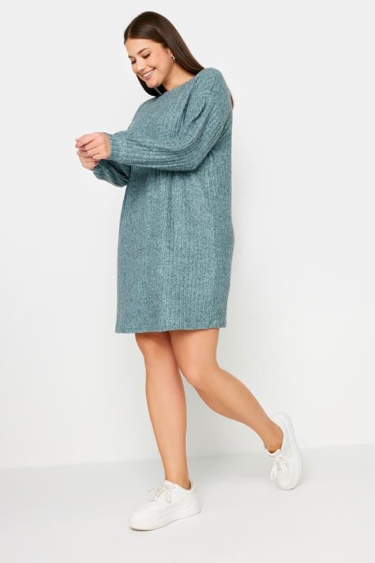 YOURS Plus Size Blue Soft Touch Ribbed Jumper Dress Yours Clothing