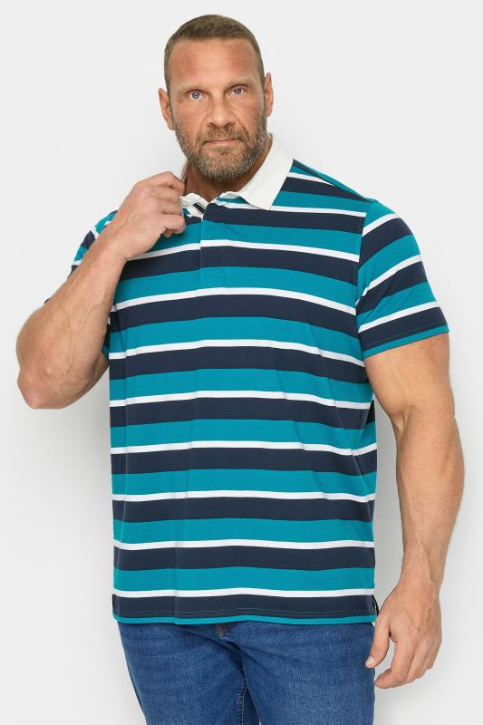 BadRhino Big & Tall Teal Blue Stripe Rugby Polo Shirt | BadRhino 1