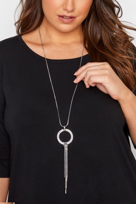 Silver Diamante Circle Tassel Long Necklace | Yours Clothing 1