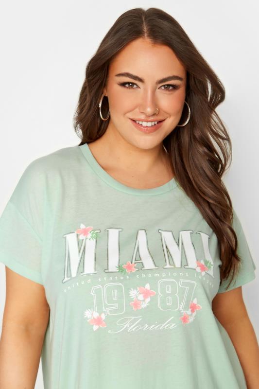YOURS Plus Size Green 'Miami' Print Varsity T-Shirt | Yours Clothing 5