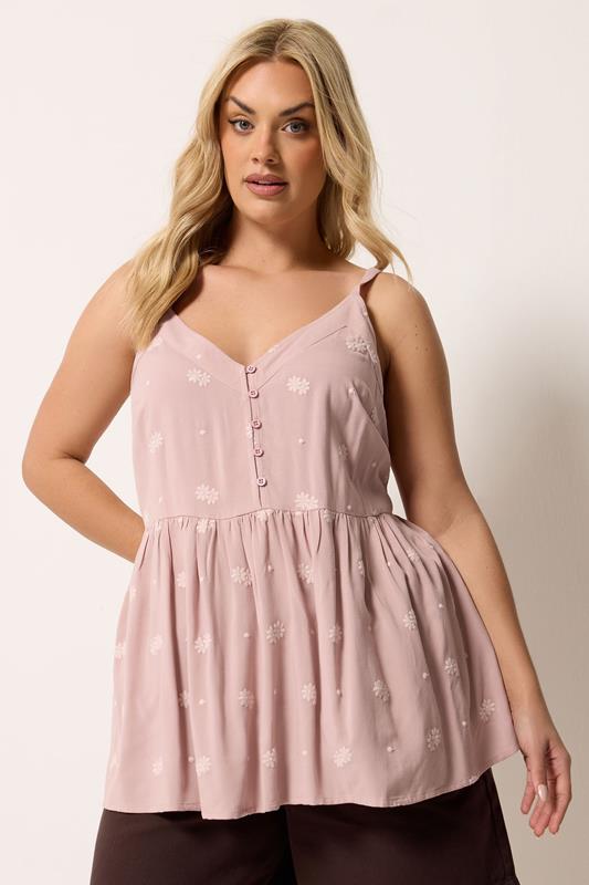 YOURS Plus Size Pink Embroidered Button Cami Vest Top | Yours Clothing 1