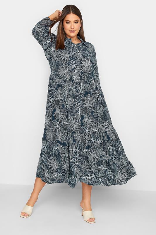 YOURS Plus Size Navy Blue Leaf Print Tiered Shirt Dress | Yours Clothing 2
