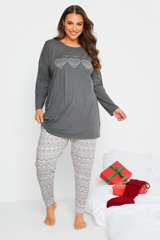 Curve Grey Heart Print Fairisle Soft Touch Pyjama Set | Yours Clothing 1