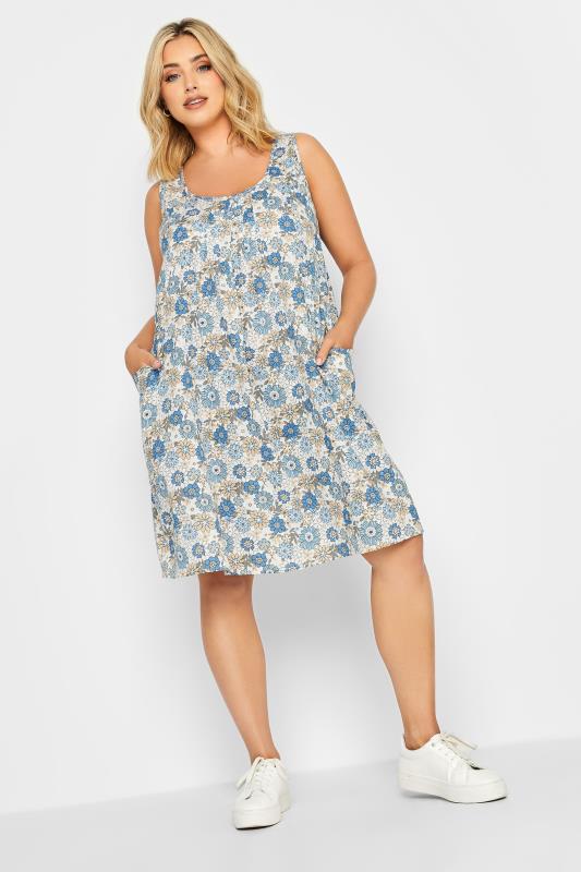 Plus Size  YOURS Curve Blue Floral Print Pocket Dress