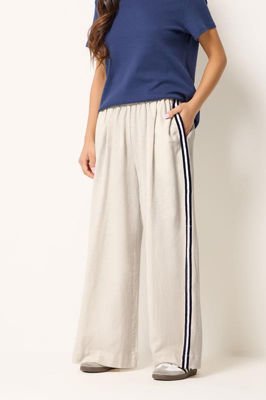 PixieGirl Petite Women's Natural Brown Side Stripe Linen Trousers | PixieGirl 1