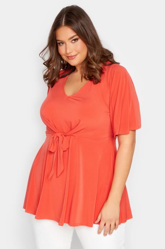 YOURS LONDON Plus Size Orange Tie Front Angel Sleeve Top | Yours Clothing 1