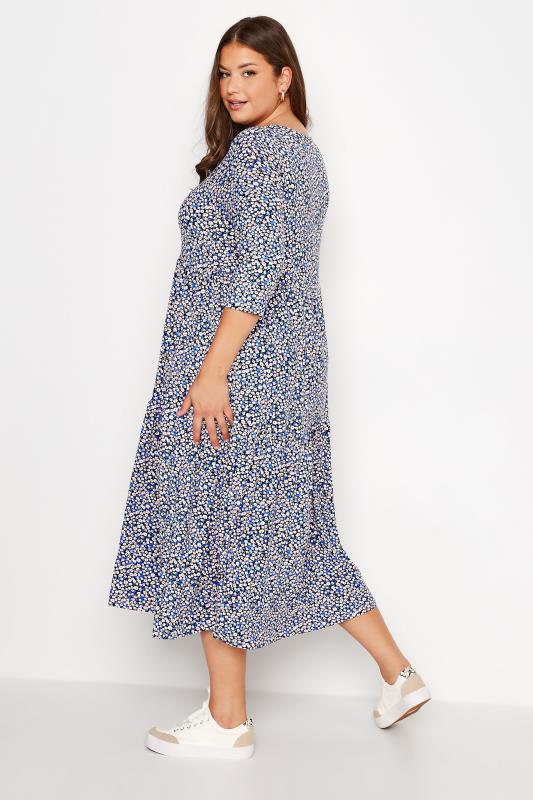 Plus Size Blue Ditsy Print Tiered Midi Dress | Yours Clothing 3