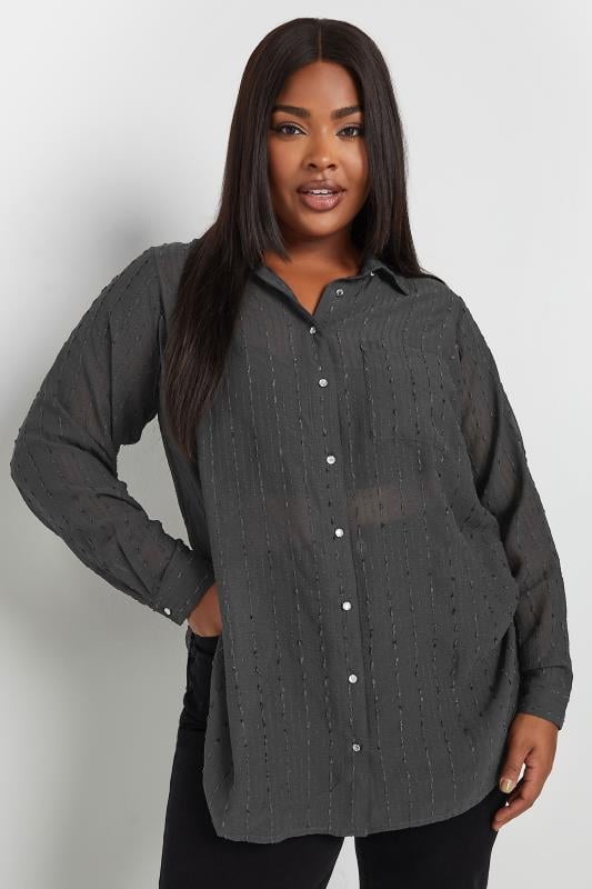 Plus Size  YOURS Curve Charcoal Grey Sheer Textured Shirt