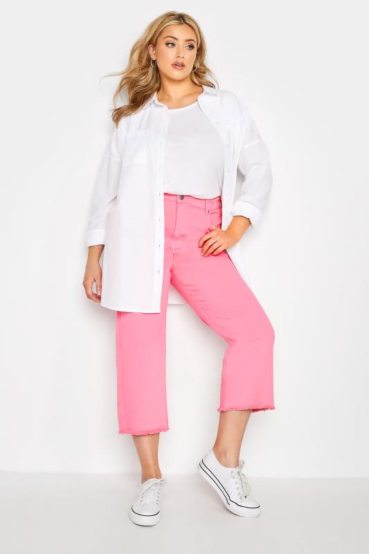 Plus Size Pink Stretch Wide Leg Cropped Jeans | Yours Clothing 3