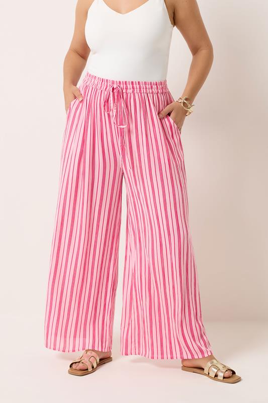 YOURS Plus Size Pink Stripe Crinkle Wide Leg Trousers | Yours Clothing 1
