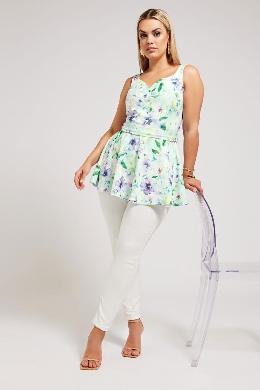 YOURS LONDON Plus Size Green Floral Print Sleeveless Peplum Top | Yours Clothing 2