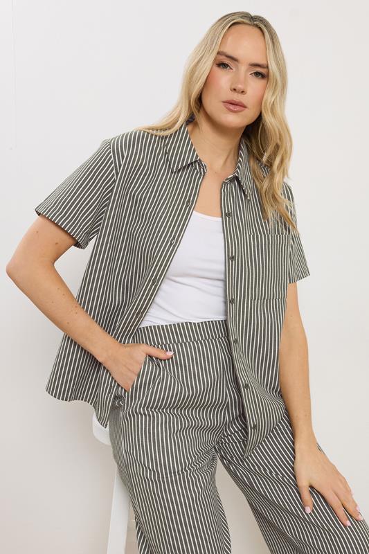 LTS Tall Women's Olive Green Stripe Button Cotton Shirt | Long Tall Sally 1