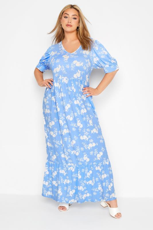 Plus Size  Curve Blue Floral V-Neck Maxi Dress