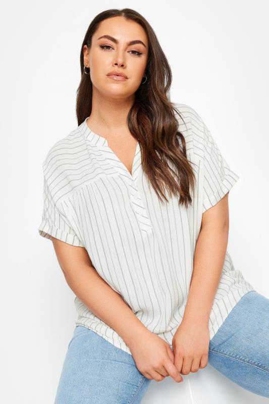YOURS Plus Size Sage Green Stripe Notch Neck Blouse | Yours Clothing 1