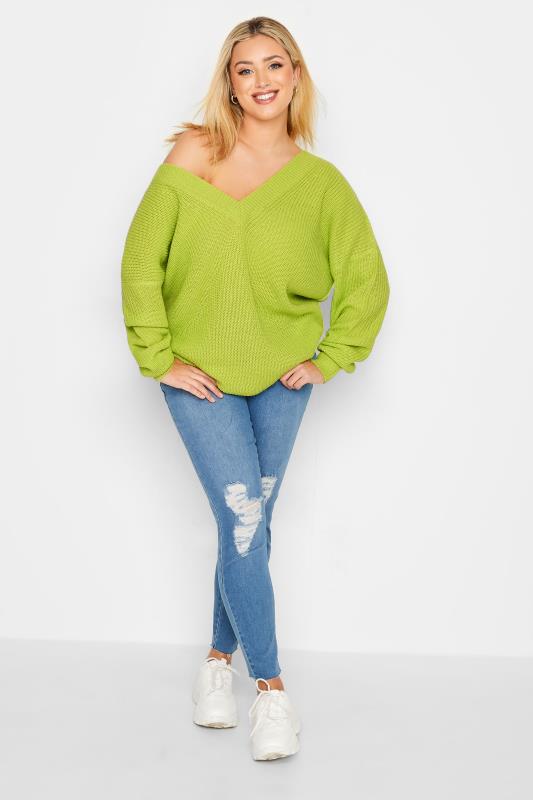 YOURS Plus Size Lime Green Double V-Neck Jumper | Yours Clothing 2