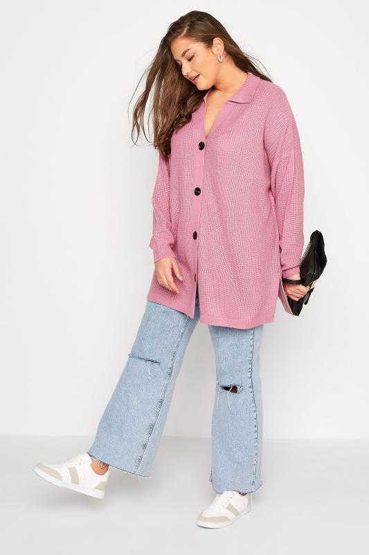 Plus Size Pink Knitted Collar Cardigan | Yours Clothing 2