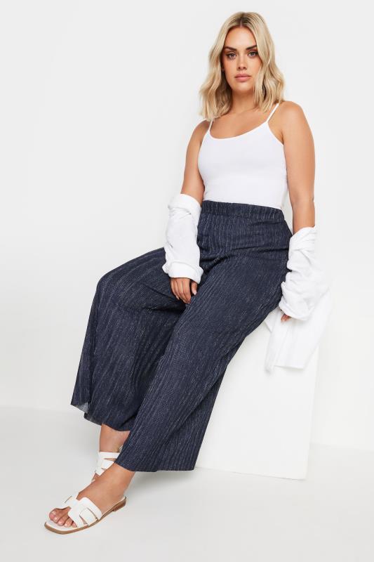Plus Size  YOURS Curve Navy Blue Textured Wide Leg Trousers