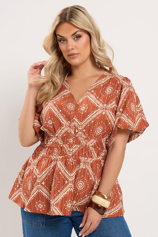  YOURS Curve oranje blouse met abstracte print en pofmouwen