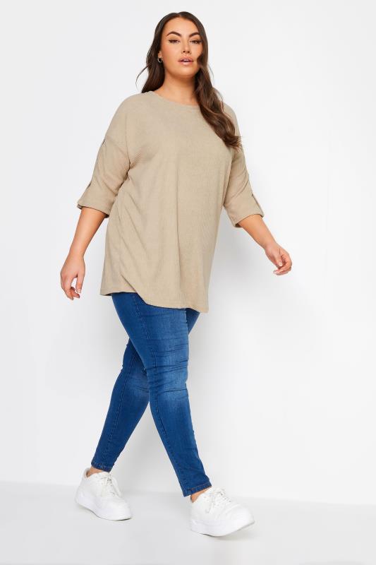 YOURS Plus Size Stone Brown Soft Touch Button Top | Yours Clothing 2