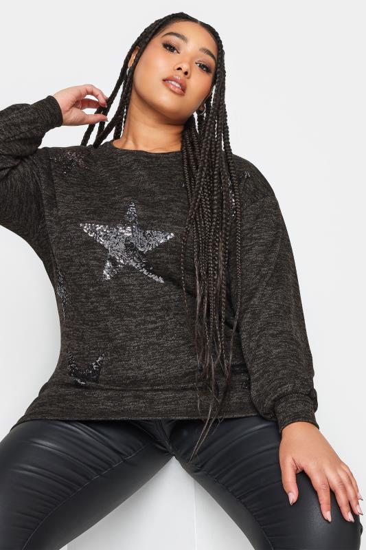 YOURS LUXURY Plus Size Black Sequin Star Print Jumper | Yours Clothing 4