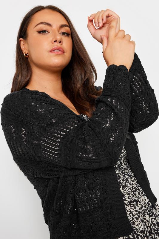 YOURS Plus Size Black Pure Cotton Cropped Pointelle Cardigan | Yours Clothing 5