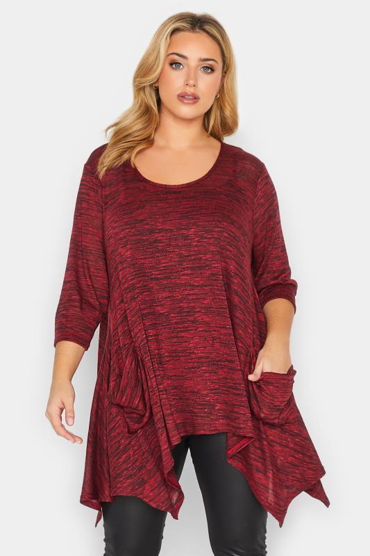 Curve Plus Size Red & Black Marl Pocket Hanky Hem Top | Yours Clothing  1