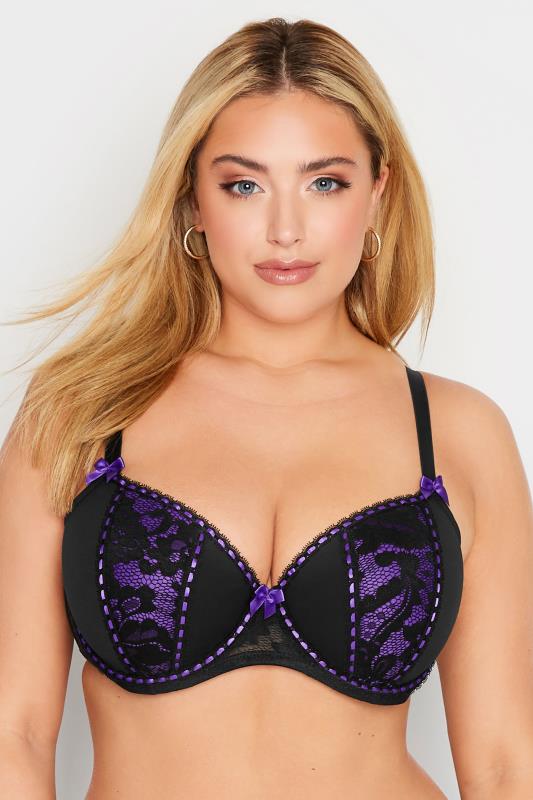 Purple Lace Panel Ribbon Detail Padded Bra | Yours Clothing 1
