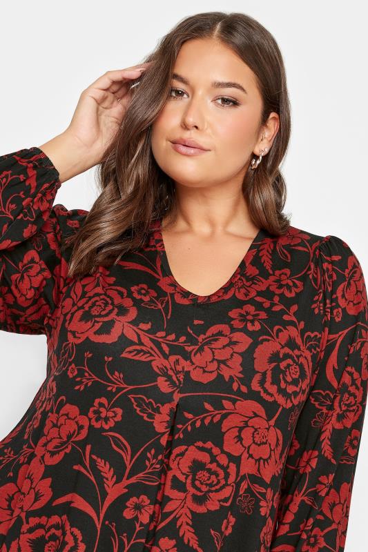 YOURS Plus Size Red Floral Print Pleat Front Swing Top | Yours Clothing 4