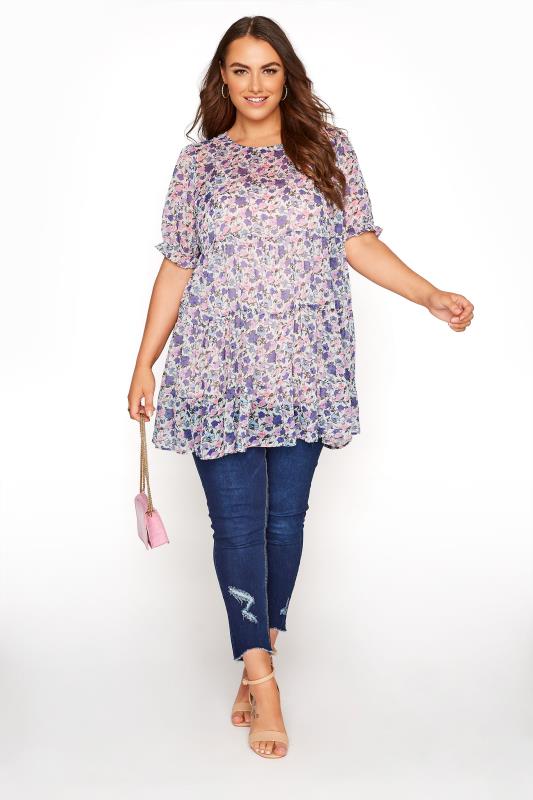 LIMITED COLLECTION Curve Purple Ditsy Floral Tiered Tunic_B.jpg