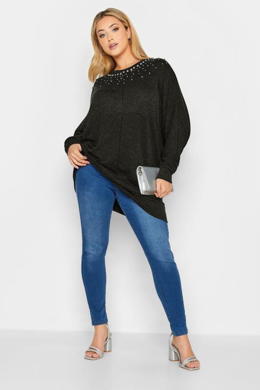 YOURS LUXURY Curve Charcoal Grey Sequin Embellished Ribbed Long Sleeve Top | Yours Clothing  2