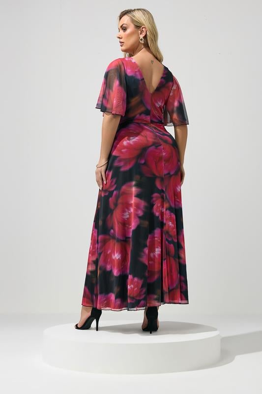 YOURS LONDON Plus Size Black & Pink Floral Abstract Mesh Dress | Yours Clothing 2