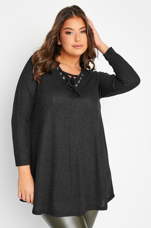 Curve Plus Size Black Ribbed Lace Up Swing Top | Yours Clothing  1