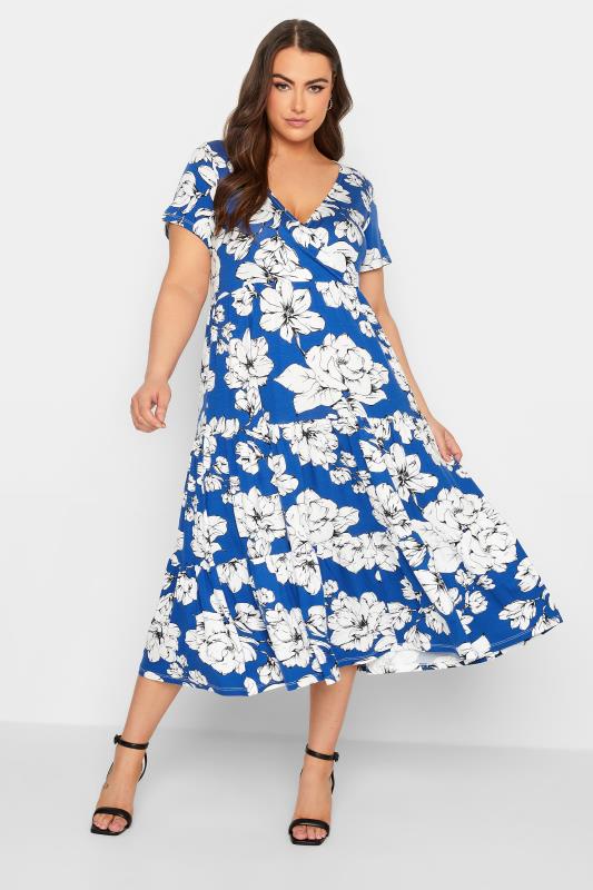 YOURS Plus Size Curve Cobalt Blue Floral V-Neck Tiered Wrap Dress | Yours Clothing  2