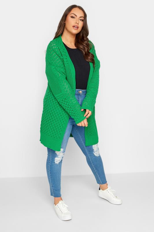 YOURS Plus Size Green Pointelle Longline Cardigan | Yours Clothing 2