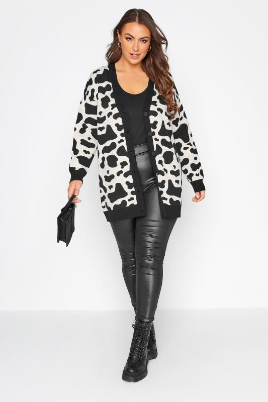 Plus Size Curve Black & Beige Brown Cow Print Knitted Cardigan | Yours Clothing 2