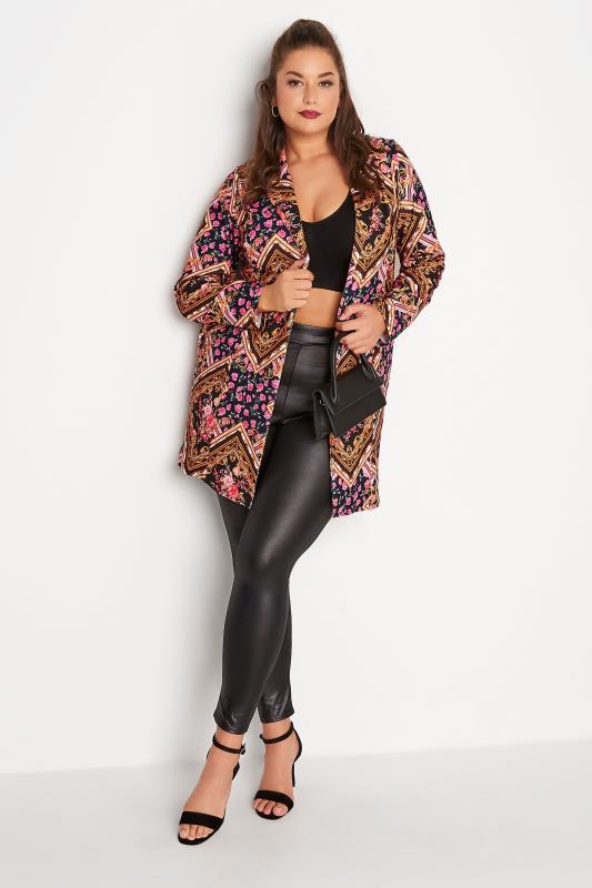 LIMITED COLLECTION Plus Size Navy Blue & Brown Floral Scarf Print Blazer | Yours Clothing  2