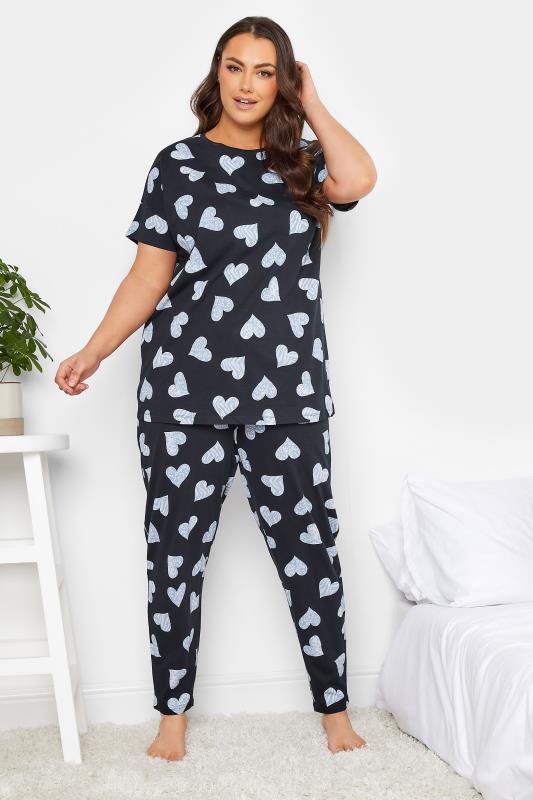 YOURS Curve Navy Blue Wild Heart Print Tapered Pyjama Set | Yours Clothing 2
