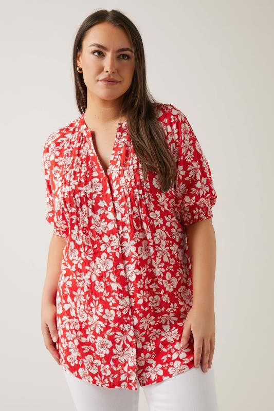  EVANS Curve Red Floral Pintuck Blouse